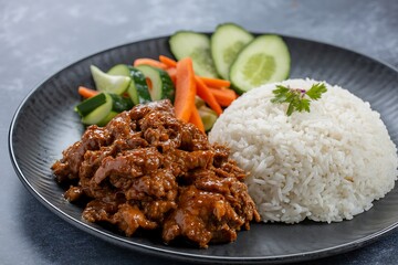 Steaming plate of white rice served with savory meat and fresh vegetables