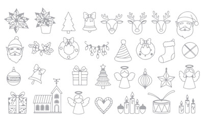 Christmas Vector Elements collection featuring festive icons such as Santa, reindeer, snowman, trees, gifts, and ornaments. Perfect for holiday cards, posters, invitations, and seasonal design project