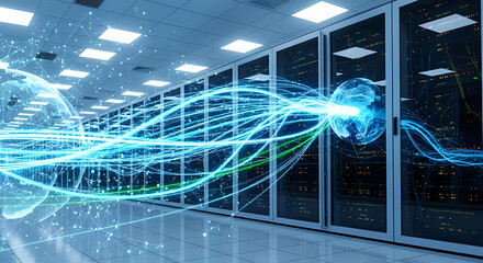 Dynamic data streams flowing through server racks empower global connectivity and digital transformation in a vibrant, modern data center