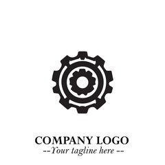 Classic Gear Logo Symbol Black and White Illustration with Modern Industrial Minimal Design
