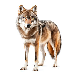 Fototapeta premium Majestic wolf standing in full body, showcasing its striking features and fur texture against white background, exuding sense of wild beauty