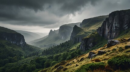 Majestic Rocky Cliff and Misty Mountain Landscape Panoramic View V7