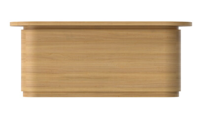 Modern wooden reception desk with curved edges and a natural wood grain finish