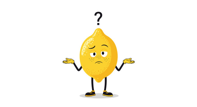 A confused lemon character with a question mark above its head, shrugging its shoulders and looking unsure about what is happening.