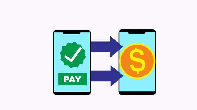 Two smartphones communicate payment transaction indicated by arrows and dollar sign. Suitable for financial apps, online transactions, digital wallets. Technology, communication, ecommerce, mobile dev