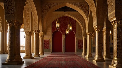 Ornate Arabic Archway with Gold Lamps and Intricate Decor V4