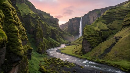 Picturesque waterfall cascading down mossy cliffs into a river in iceland during a colorful sunset, creating a serene and breathtaking landscape
