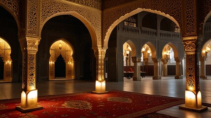 Ornate Arabic Archway with Gold Lamps and Intricate Decor V8