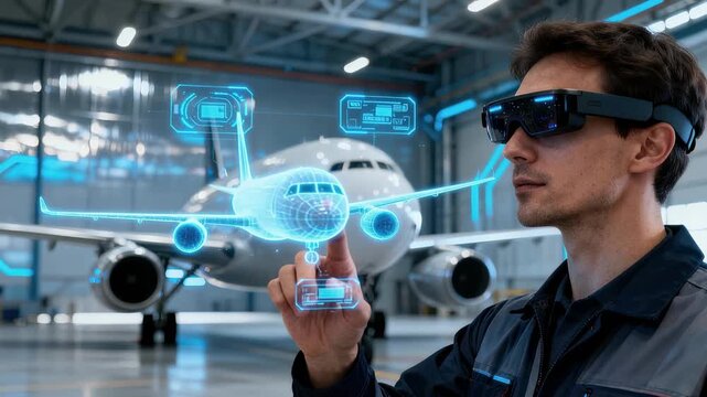 Engineer wearing augmented reality glasses interacts with holographic projection of airplane inside digital laboratory. Technology, aviation design and digital engineering. Future technology aerospace