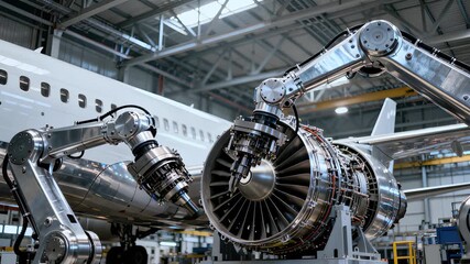 Industrial robotic arm assembling parts of modern airplane engine inside hangar. Precision engineering and future of aviation manufacturing. Aerospace, industrial robotic technology and automation