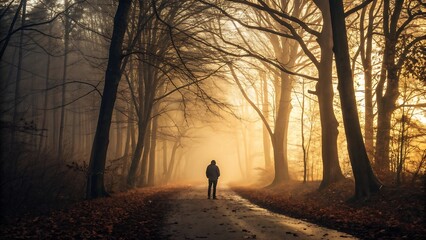 A solitary figure walking down a foggy path in a forest during sunrise, creating a mysterious and atmospheric scene with golden light