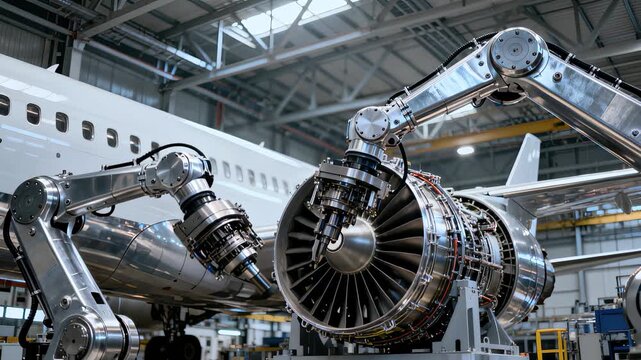 Industrial robotic arm assembling parts of modern airplane engine inside hangar. Precision engineering and future of aviation manufacturing. Aerospace, industrial robotic technology and automation