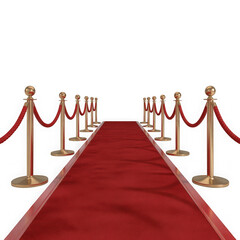 Red carpet event entrance with velvet ropes and stanchions isolated on transparent background