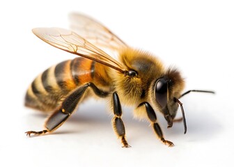 Extreme macro close up of a fuzzy honey bee with transparent wings and pollen baskets on its legs against a white background