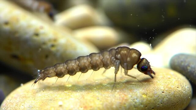 Detailed macro footage of a mosquito larva wriggler in its natural aquatic habitat Close-up view of the insect moving on a rock underwater showcasing biology an