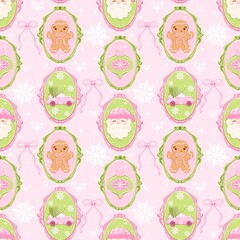 Pink Christmas Frames Seamless Pattern - Cute Santa Gingerbread Car Digital Paper Kawaii Holiday Background