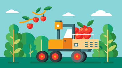 A compact automated fruit harvester can easily maneuver through narrow paths and tight spaces in orchards improving accessibility and harvest efficiency.. Vector illustration