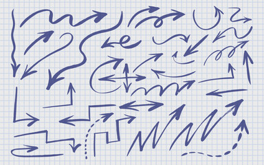Set of simple lines hand drawn blue arrows in various brush, marker style. Blue arrows hand drawn on grid paper. Simple lines in different directions, curls, straight lines. Various of vector arrows.
