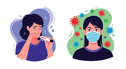 Comparison of a sick woman with a fever and a woman wearing a mask for protection from viruses demonstrates the difference between sickness and prevention.