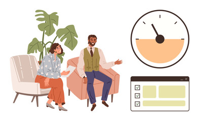 Two colleagues seated on a couch having a collaborative conversation near a potted plant, a speedometer showing progress speed, and a checklist interface. Ideal for productivity, teamwork, time