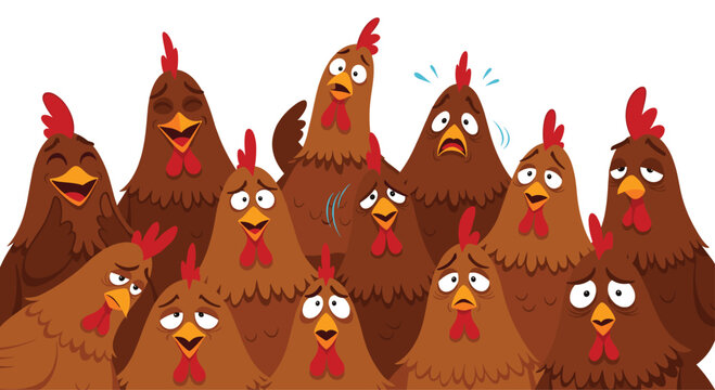 An expressive crowd of funny cartoon chickens displays a wide range of emotions, from cheerful laughter to fear and anxiety.