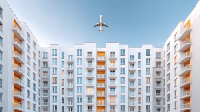 Low angle view of a modern white apartment building with yellow accents under a clear blue sky with an airplane flying overhead during daytime - Powered by Adobe