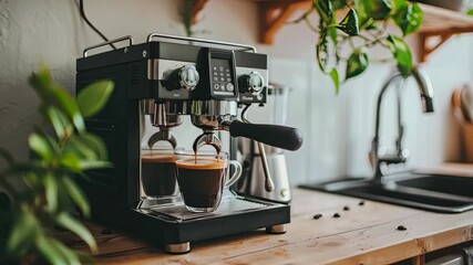 Watch as espresso is brewed to perfection in a warm kitchen, filling the air with rich coffee aromas and inviting flavors