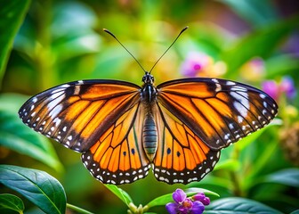 Fototapeta premium Monarch butterfly with vibrant orange black and white wings open on green foliage with purple flowers