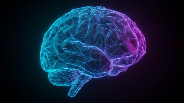 Glowing wireframe brain with blue and pink light against black