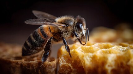 Detailed ro photograph of a honeybee on a golden honeycomb cell highlighting its texture and nectar
