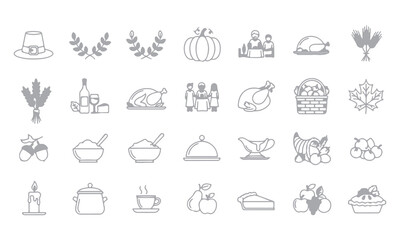 Thanksgiving Vector Elements collection featuring turkey, pumpkin, pie, corn, and festive icons. Perfect for seasonal greetings, holiday posters, invitations, and fall-themed design projects.