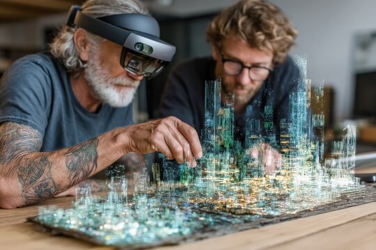 Two professionals using augmented reality to design a futuristic urban cityscape