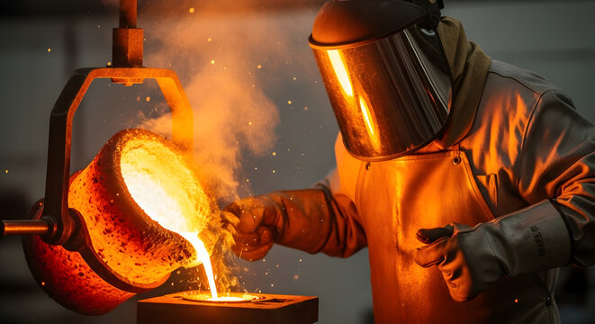Industrial worker pouring molten metal into mold at a foundry - Powered by Adobe