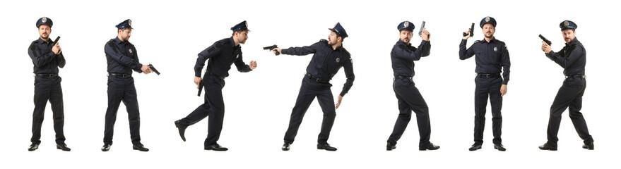 Policeman in uniform with gun on white background. Collage of different portraits