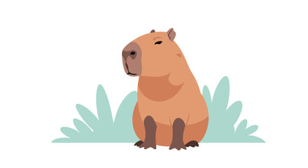 Fototapeta premium Cute cartoon illustration of a capybara sitting in the grass, looking peaceful and content, perfect for children's books and educational materials.