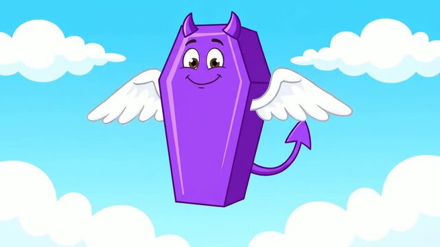 Cartoon casket character with wings and tail in sky with clouds