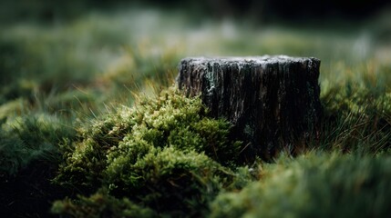 Obraz premium A weathered tree stump covered in lush green moss sits in a natural forest setting