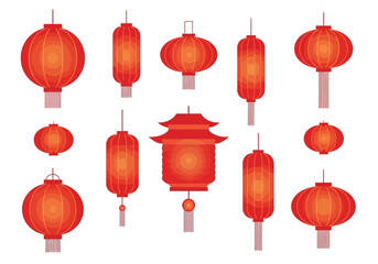 An array of festive red Chinese lanterns of various shapes and sizes hanging