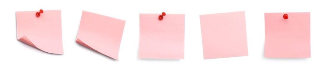 Pink paper notes isolated on white, set