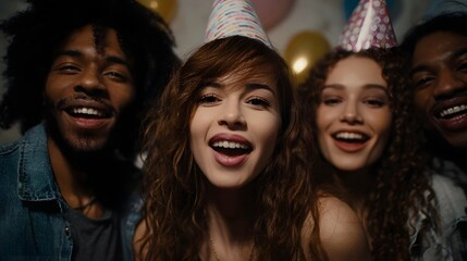 Four diverse friends in party hats smiling joyfully together at a festive indoor celeb n