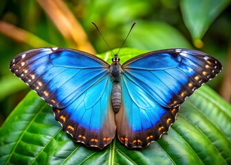 Vibrant blue morpho butterfly with iridescent wings resting on a lush green leaf in a natural setting