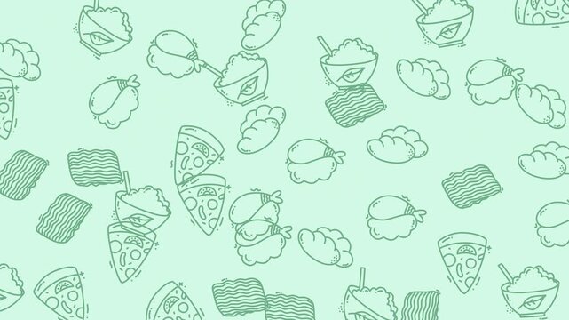 Cute Cartoon Food Doodles Floating on Green Background.