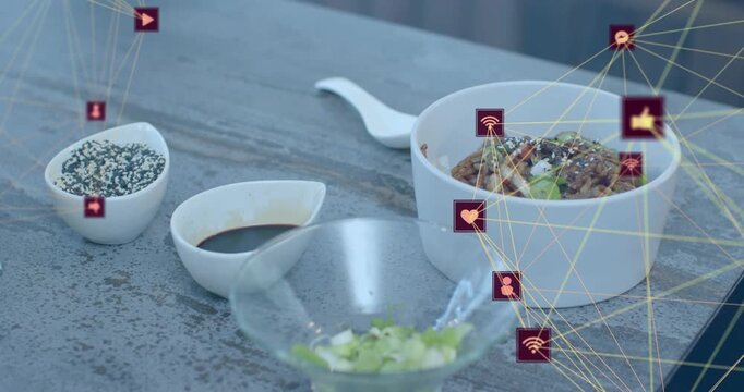 cooking vessel entering frame starting network icons weaving around noodles showing engagement
