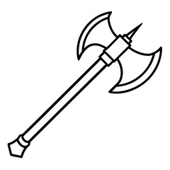 A detailed outline drawing of a double bladed battle axe silhouette isolated on white background