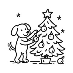 Fototapeta premium Playful dog decorating a Christmas tree with ornaments, surrounded by stars, in a cheerful holiday scene, showcasing festive spirit and joy in a whimsical illustration