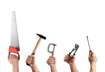 People holding different tools in hands against white background, closeup. Collage