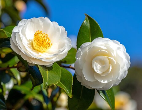 Close-up of two blooming white flowers with yellow centers against blue sky