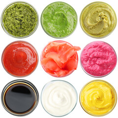 Wasabi and other condiments isolated on white, set. Top view