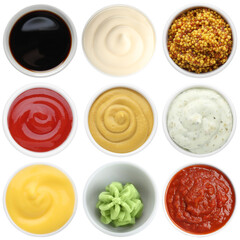 Wasabi and other condiments isolated on white, set. Top view