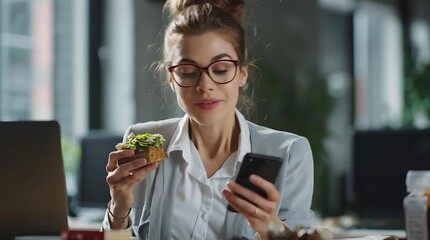 Young woman with glasses eating sandwich and avocado toast while checking smartphone office desk laptop businesswoman focused relaxed morning office - Powered by Adobe